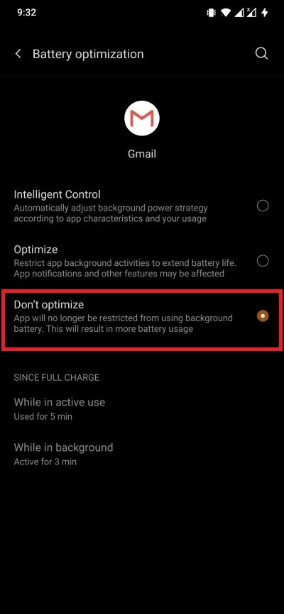 No optimice las aplicaciones de Android