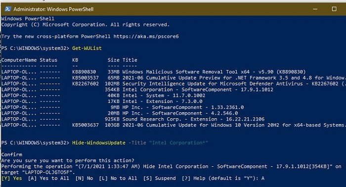 PowerShell le pide que confirme su acción.  Simplemente presione la tecla A seguida de Enter en su teclado.