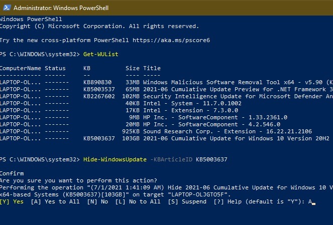 Nuevamente, PowerShell le pedirá la confirmación.  Ingrese la letra A y presione el botón Enter.