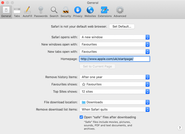 La configuración "General" de Apple Safari.