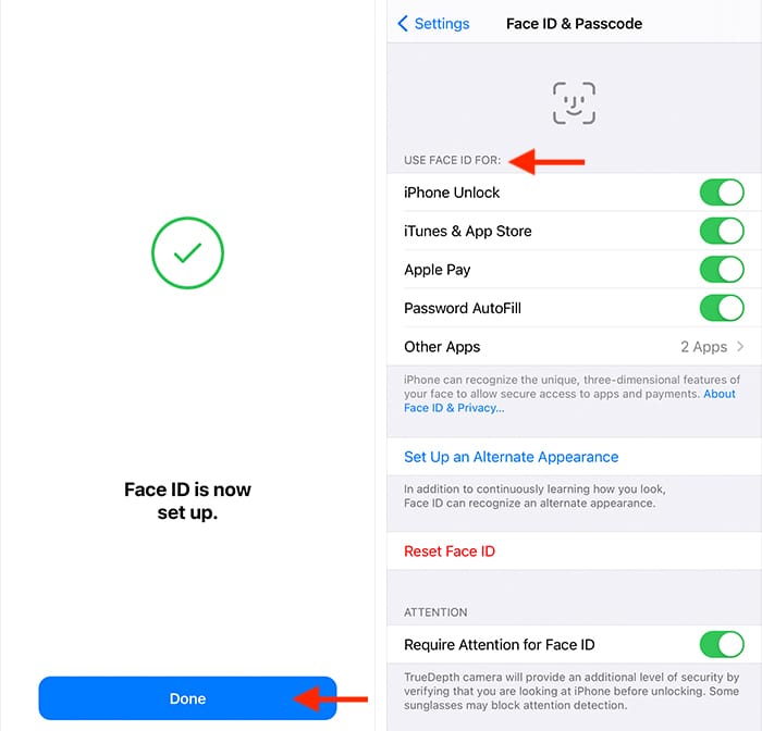 Opciones de configuración de publicación de Face Id Iphone