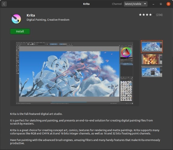 Instale el último Krita en Ubuntu Snap Haga clic en Instalar