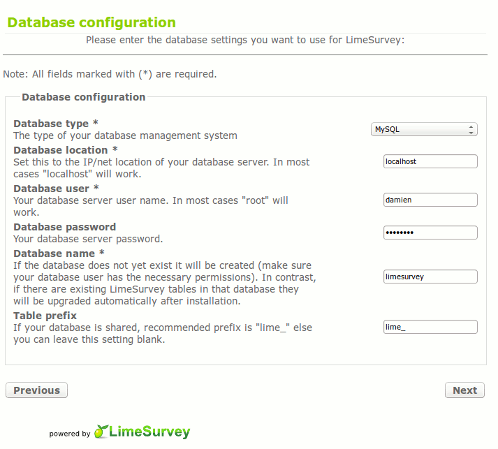 limesurvey-database-configuration