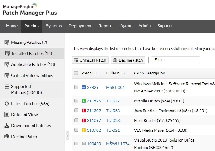 Visualización de parches Patch Manager Plus