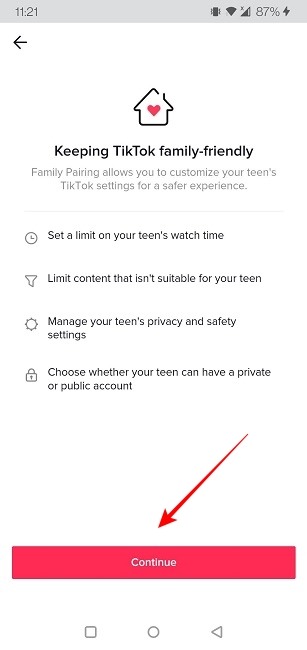 Pantalla de continuación de los controles parentales de Tiktok