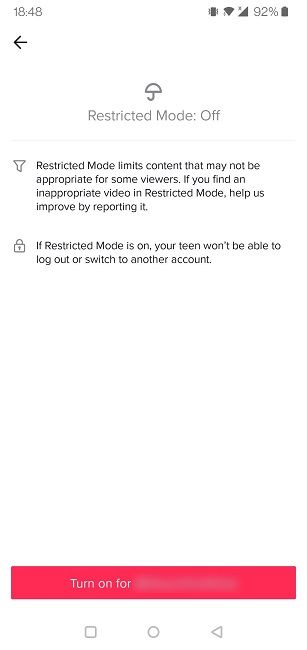 Modo restringido de controles parentales de Tiktok