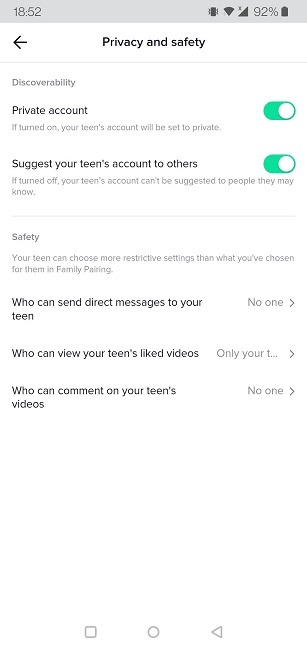 Configuración de privacidad de los controles parentales de Tiktok