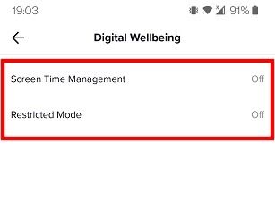 Opciones de bienestar de los controles parentales de Tiktok