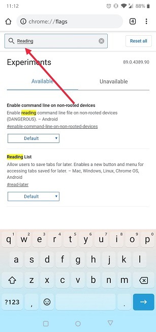 Cómo agregar la lista Leer más tarde Chrome Mobile Flags Barra de búsqueda