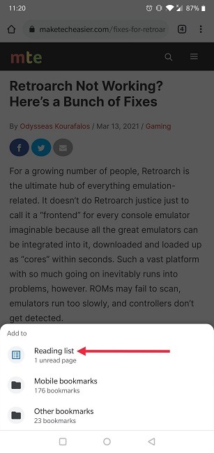 Cómo agregar la lista Leer más tarde Chrome Mobile Agregar a la lista de lectura