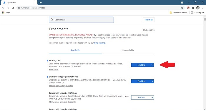 Cómo agregar la lista Leer más tarde Chrome Desktop Habilitar la lista de lectura de banderas