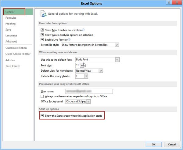 Opciones de Excel Mostrar pantalla de inicio