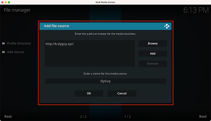 Disney Plus Kodi agregando repositorio Slyguy