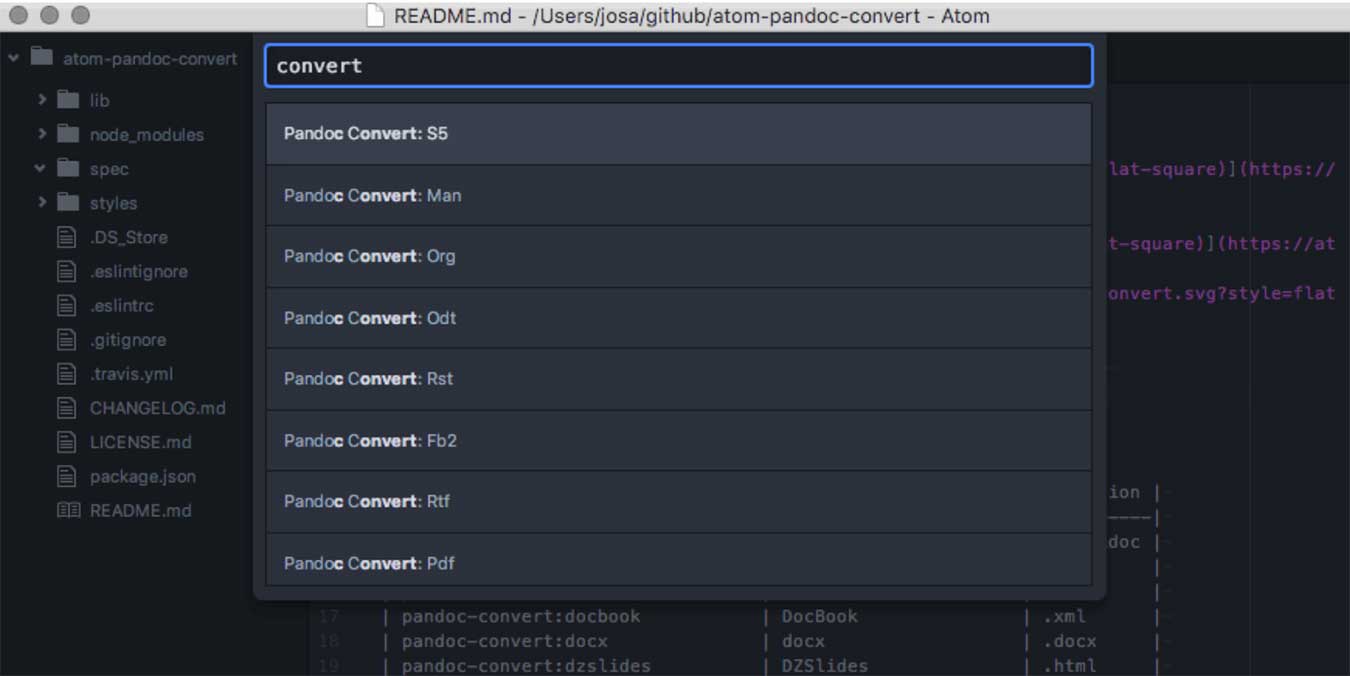 Complementos de productividad Atom Pandoc Convert