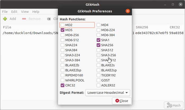 Comprobar hashes con funciones hash Gtkhash