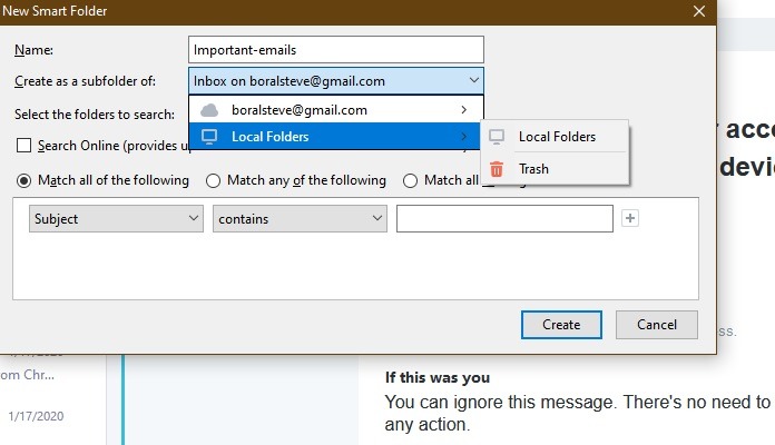 Configuración de carpeta inteligente de Postbox Email Client