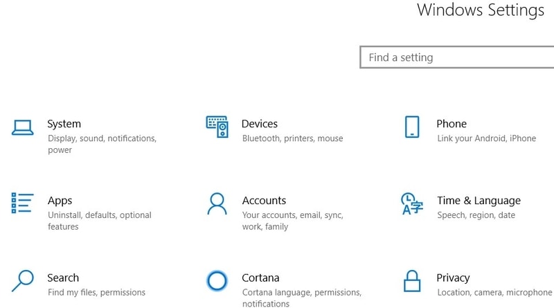 Página de configuración de Windows