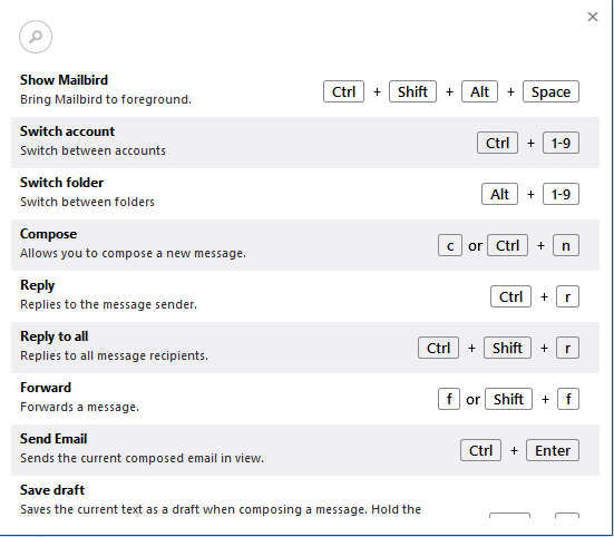 accesos directos de Mailbird