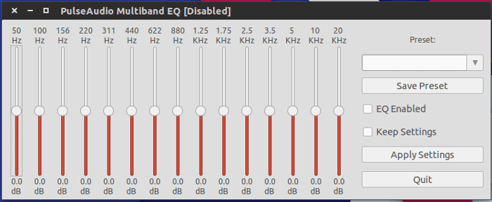 Ventana principal de configuración de Pulse Audio Equalizer.