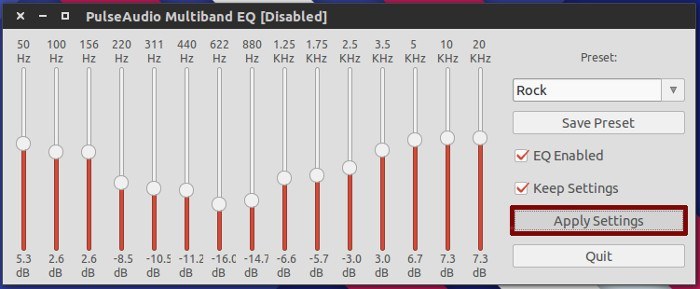 Aplique la configuración del ecualizador directamente al sistema de sonido Pulse.