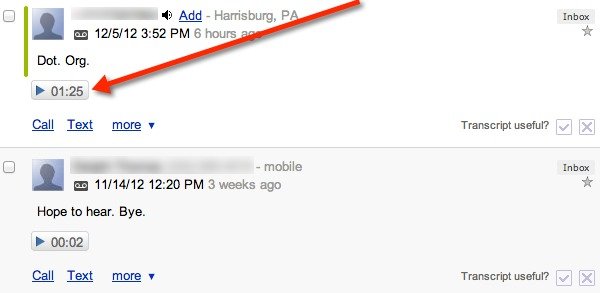 Las llamadas de Google Voice grabadas aparecen en su bandeja de entrada como un mensaje de correo de voz.