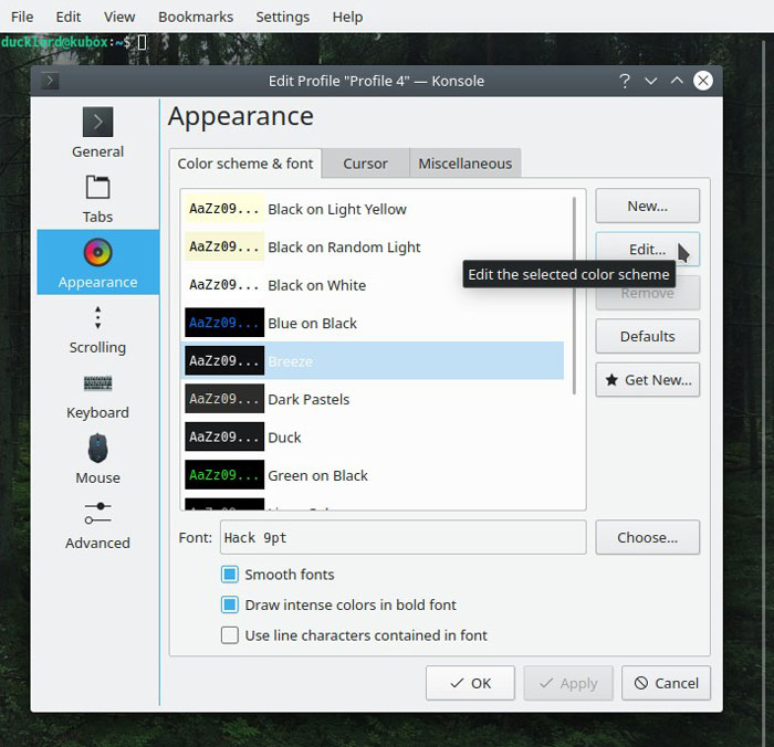 Fondo de pantalla de Konsole Editar combinación de colores