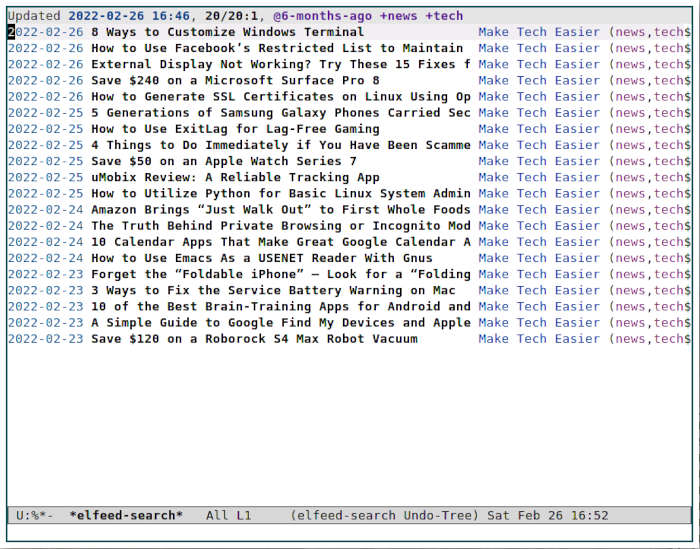 Emacs Rss 10 Feeds etiquetados automáticamente