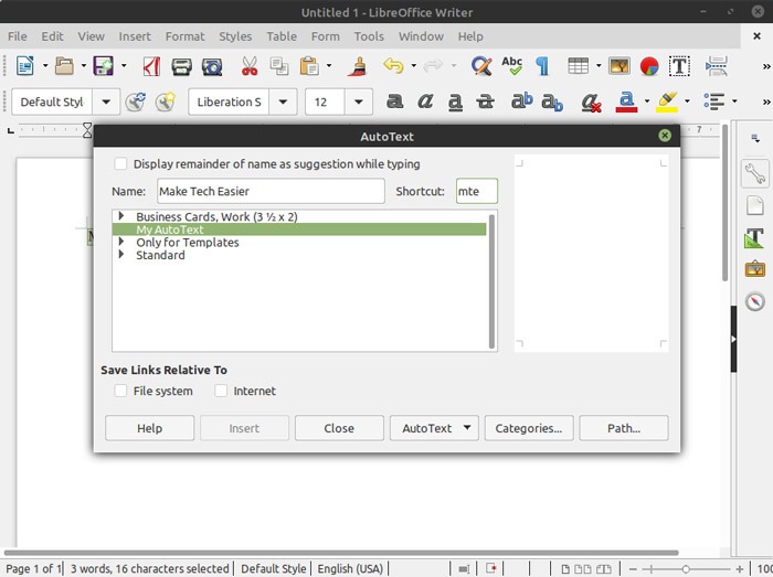Ventana Fragmentos de texto automático de Libreoffice Writer
