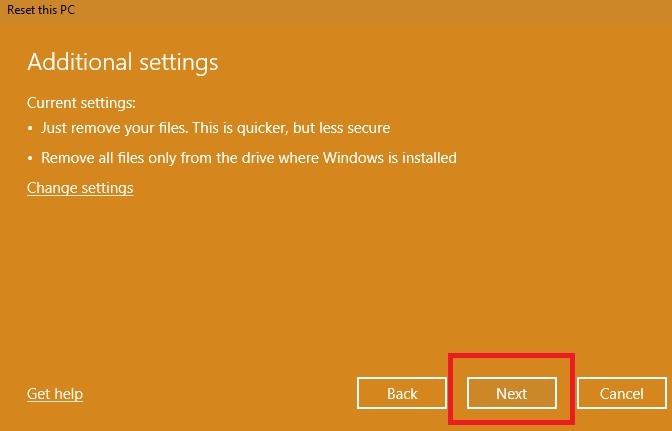 Restablecer la configuración de fábrica de Windows10 Ignorar configuraciones adicionales