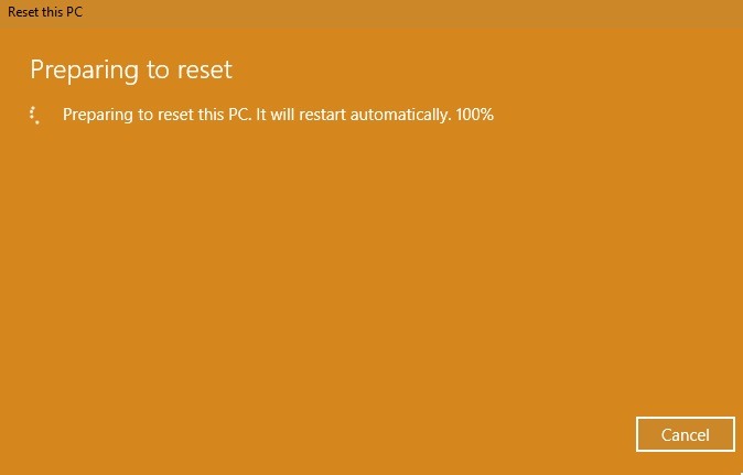 Restablecimiento de fábrica de Windows 10 Preparándose para restablecer el 100 por ciento