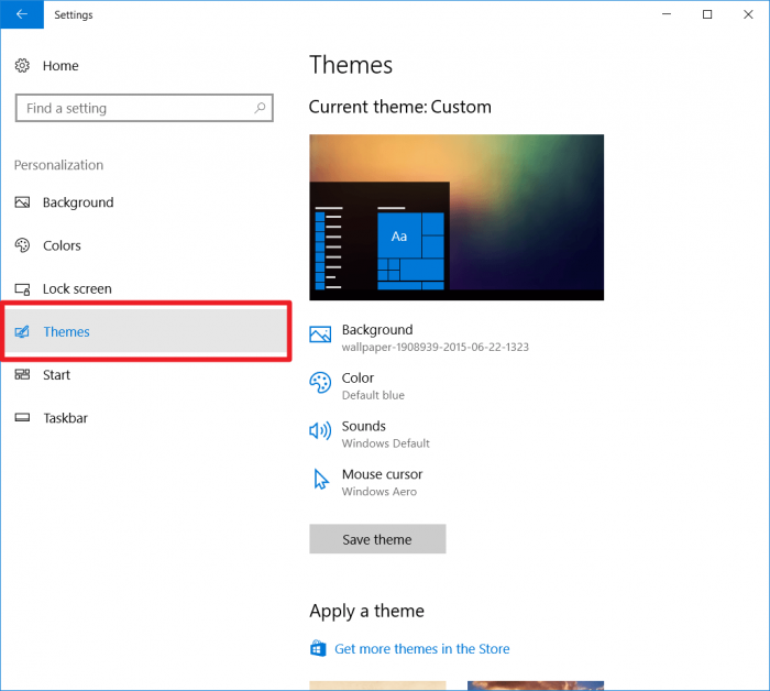 Menú de temas personalizados de Windows 10