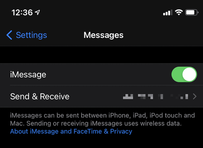 El enlace Enviar y recibir en iOS.