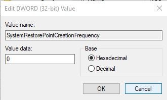 Punto de restauración automática Conjunto de valores Dword de Windows