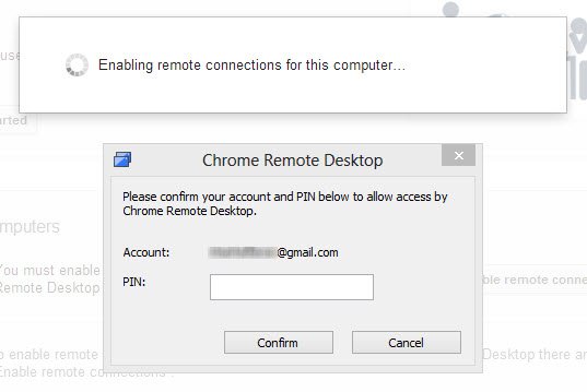 Confirme su cuenta de Chrome Remote Desktop ingresando su PIN.