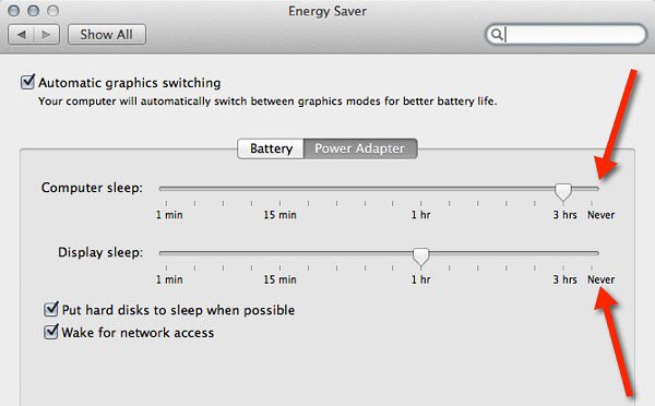 Verifique la configuración de ahorro de energía en su Mac.