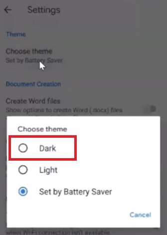 Cómo habilitar el modo oscuro de Google Docs en Android Dark