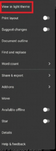 Cómo habilitar el modo oscuro de Google Docs en Android Light Preview