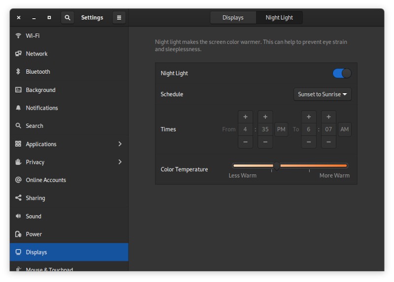 Configuración preferida de Gnome Night Light