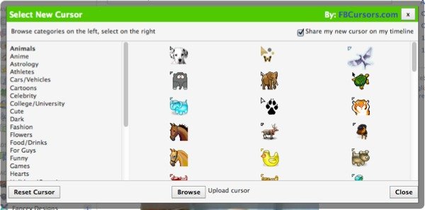 Elija su propio cursor de Facebook o cargue el suyo propio.