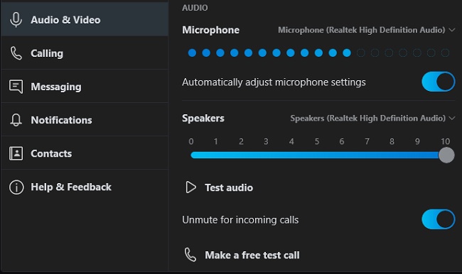 Llamada de Skype ajustando micrófonos y parlantes en la computadora portátil