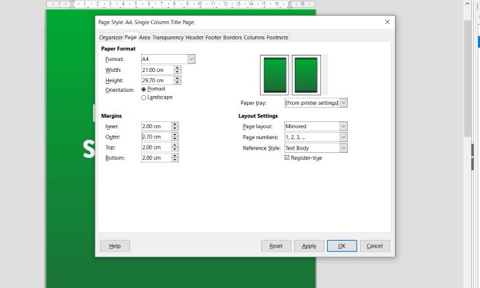 Captura de pantalla que muestra las opciones de configuración de la página principal en el editor de estilos de página de LibreOffice 7.