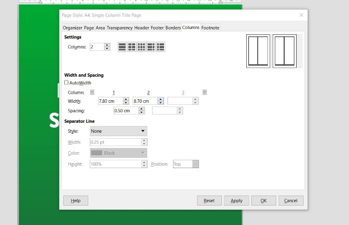 Captura de pantalla que muestra la configuración de la página de LibreOffice 7 con anchos de columna variables.