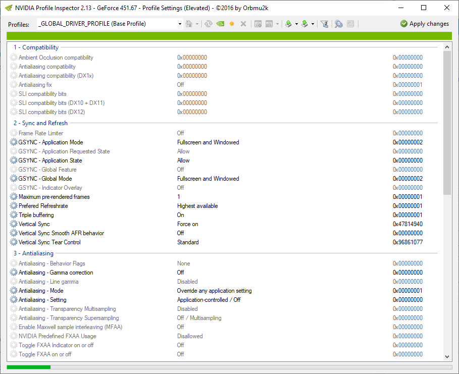 Vista de perfil del inspector de Nvidia