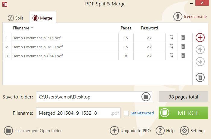 Opciones de combinación de PDF Split y Merge.