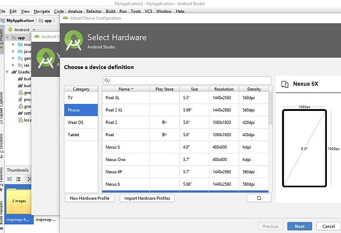 Seleccione Emulador de hardware en Android Studio