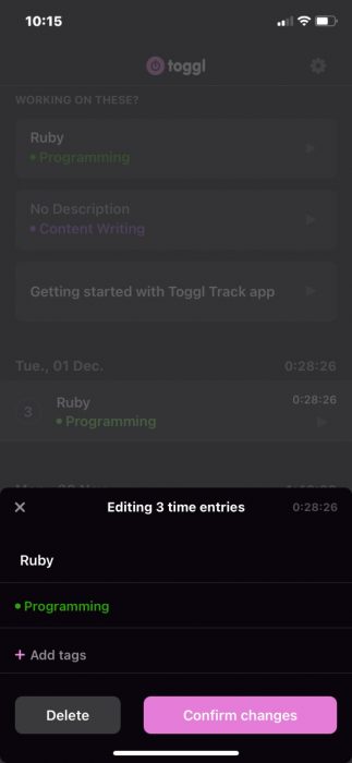 Aplicaciones de productividad de iOS Toggltrack