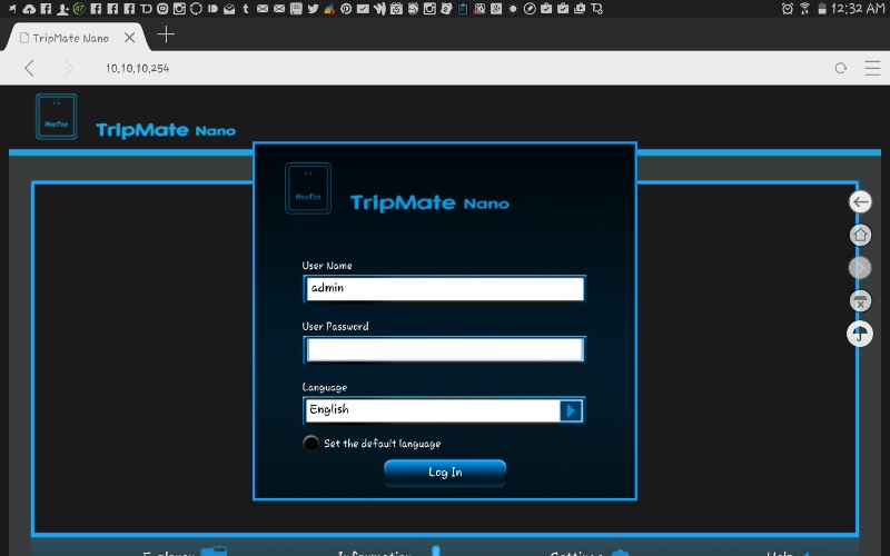 La página de configuración del administrador para el HooToo TripMate Nano.