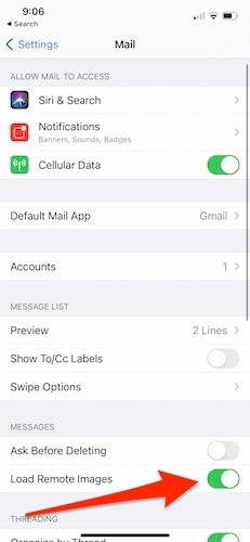 Píxeles de seguimiento de bloques Mail Ios Toggle