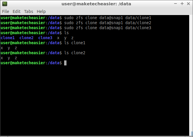 Clones de instantáneas de Zfs Ejemplo de contenido de clonación