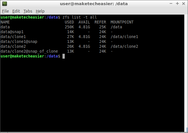 Zfs Snapshots Clones Lista de todos los conjuntos de datos